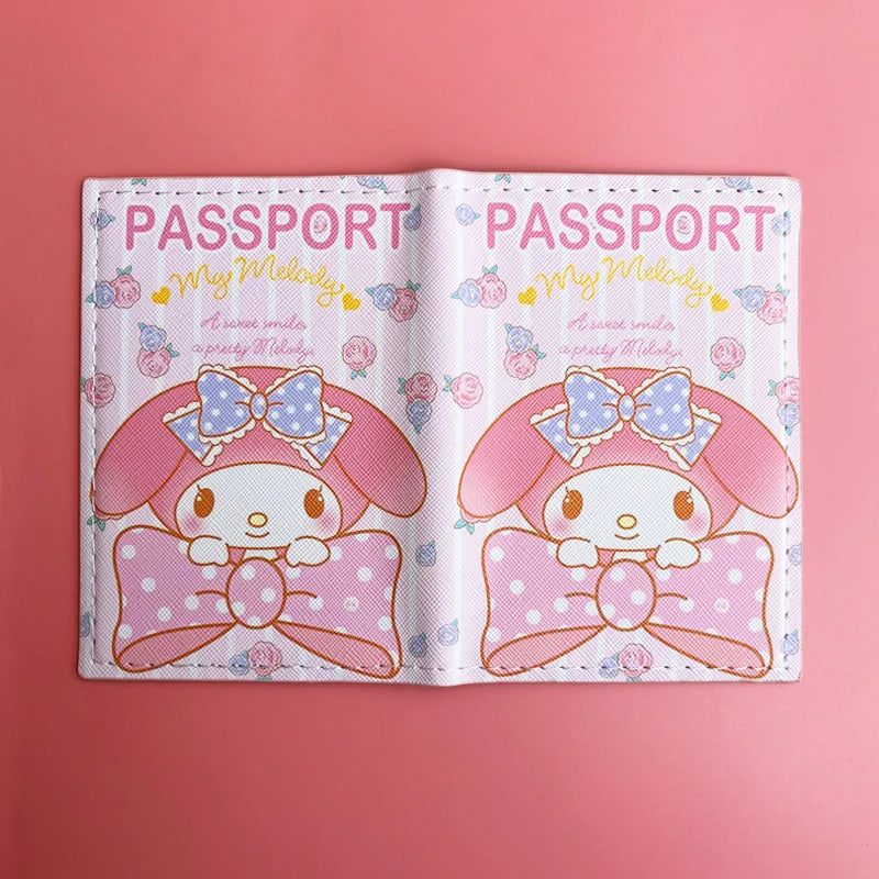 Sanrio MY Melody Passport Cover Girls Travel Passport Holder PU Leather Function Business Card Case For Women ID Card Holder