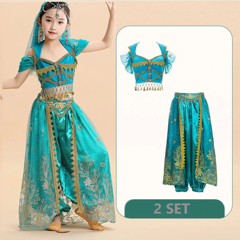  Kids India Princess Belly Dance Set Oriental Indian Dance Sari Girl Performance Costume Bollywood Children Stage Outfit