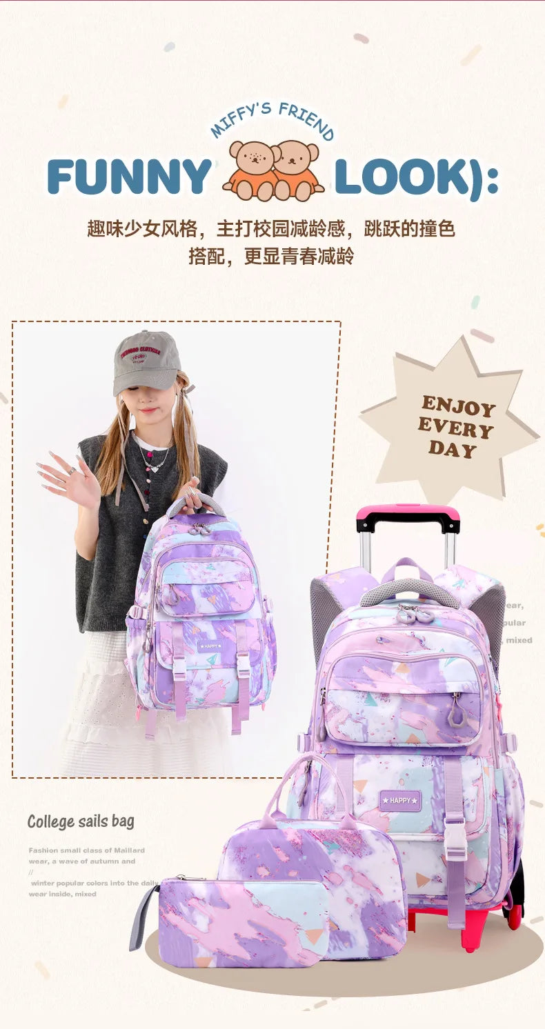 Kids School Backpack with Wheels Rolling Backpack for Girls Student Wheeled Backpack Trolley School Bag Travel Trolley Luggage
