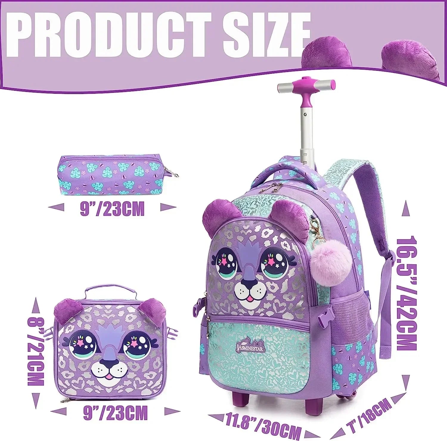 3PCS Cute Rolling Backpack for Girls Backpacks with Wheels for Elementary Students Kids 3 in 1 Travel Luggage Carry on Suitcase