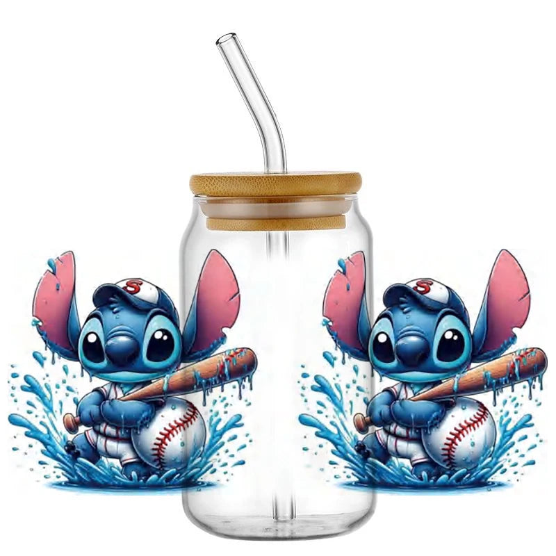 Miniso Stitch Baseball 16OZ UV DTF Cup Wraps Transfer Sticker For Glass Libbey Can Bottle waterproof DIY Custom