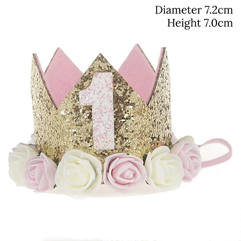 Baby Birthday Decoration Girl 1 2 3 Years Crown Hat Pink White Flower Sequins Crown 1st birthday Photo Prop Happy Birthday Gifts