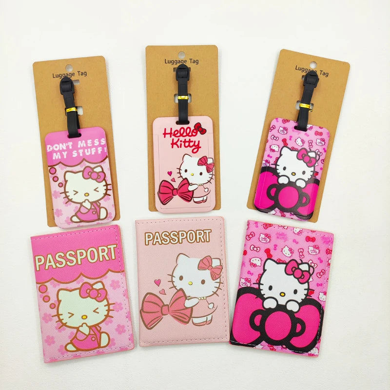 1Set Hello Kitty Passport Cover and Luggage Tags Travel Passport Holder Baggage Tag Girls Business ID Card Holder Luggage Label