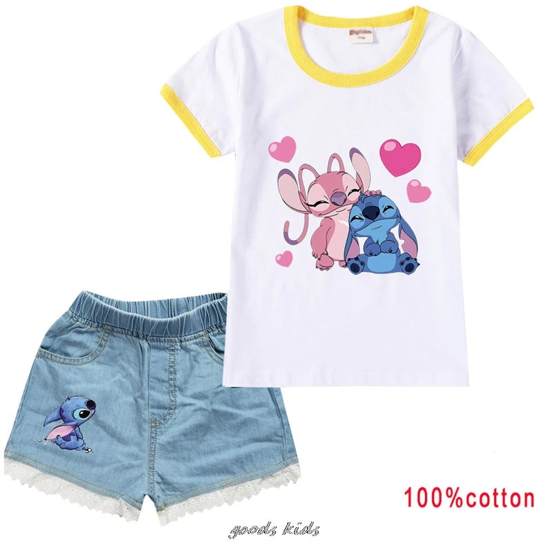 Lilo And Stitch Summer Kids Clothes Toddler Girls Casual Outfits Girl Costume Boys Tshirts+Denim Shorts Suits
