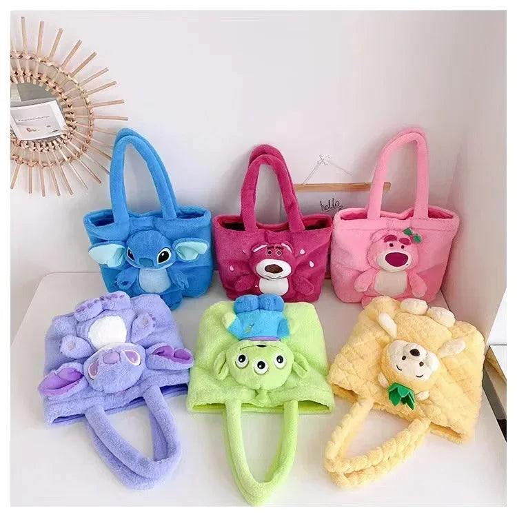 MINISO 2024 New Cartoon Plush Doll Shoulder Bag Sweet and Cute Stitch Strawberry Bear Soft Cute Girls Handbag