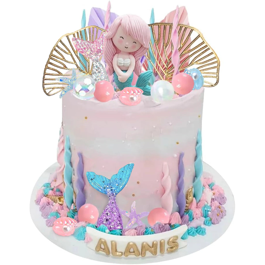 Mermaid Cake Topper Under The Sea Cake Toppers set with Little Mermaid Seaweed Bubble Golden Leaves for Mermaid Birthday