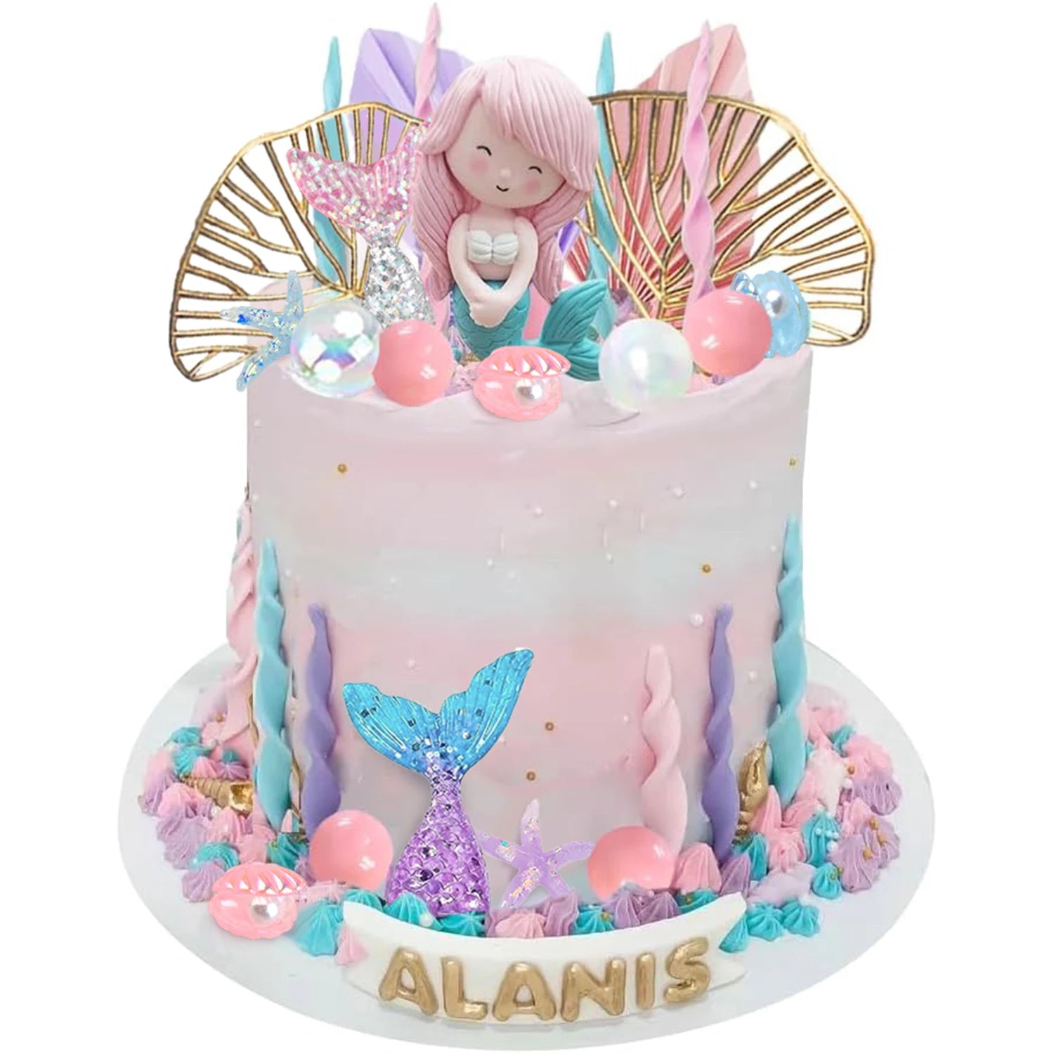 Mermaid Cake Topper Under The Sea Cake Toppers set with Little Mermaid Seaweed Bubble Golden Leaves for Mermaid Birthday