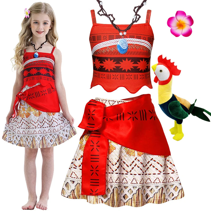 Moana New Dress Girls Princess Clothes Kids Dress Up Vaiana Necklace Pig Chick Children Carnival Party Summer Costume Set 2-10T
