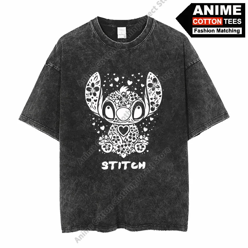Lilo & Stitch Ghostface T-shirt Cotton Washed Vintage Oversized T Shirt y2k Harajuku Hip Hop Street Casual Unisex Loose Tees