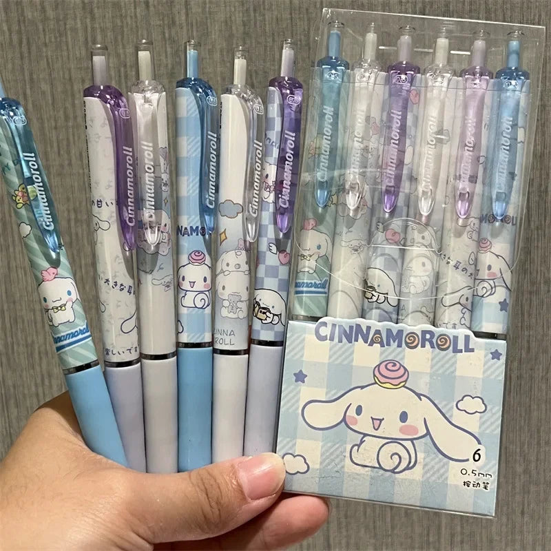 Sanrio 6pcs Series Gel Pen 0.55mm Refill Hello Kitty Y2k Cinnamoroll Kuromi MelodyCartoon Press Pen Black Stationery Supplies