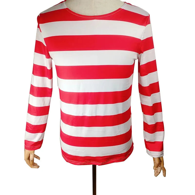 Classic Wheres Waldo Red White Striped Shirt for Men Wally Round Glasses and Hat Costume Set Unisex Halloween Cosplay Outfit