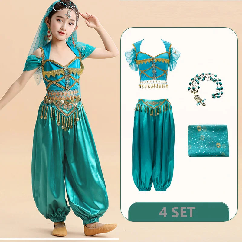  Kids India Princess Belly Dance Set Oriental Indian Dance Sari Girl Performance Costume Bollywood Children Stage Outfit