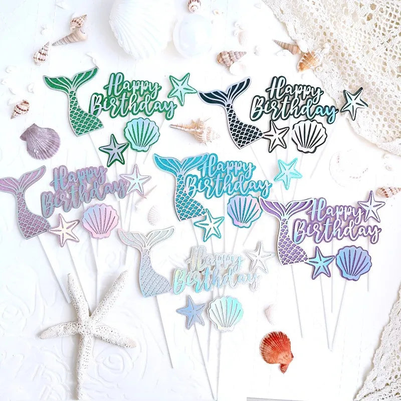 Mermaid Party Cake Decor Glitter Shell Starfish Mermaid Tail Cake Topper Under the Sea Girls 1st 2th Birthday Cupcake Topper