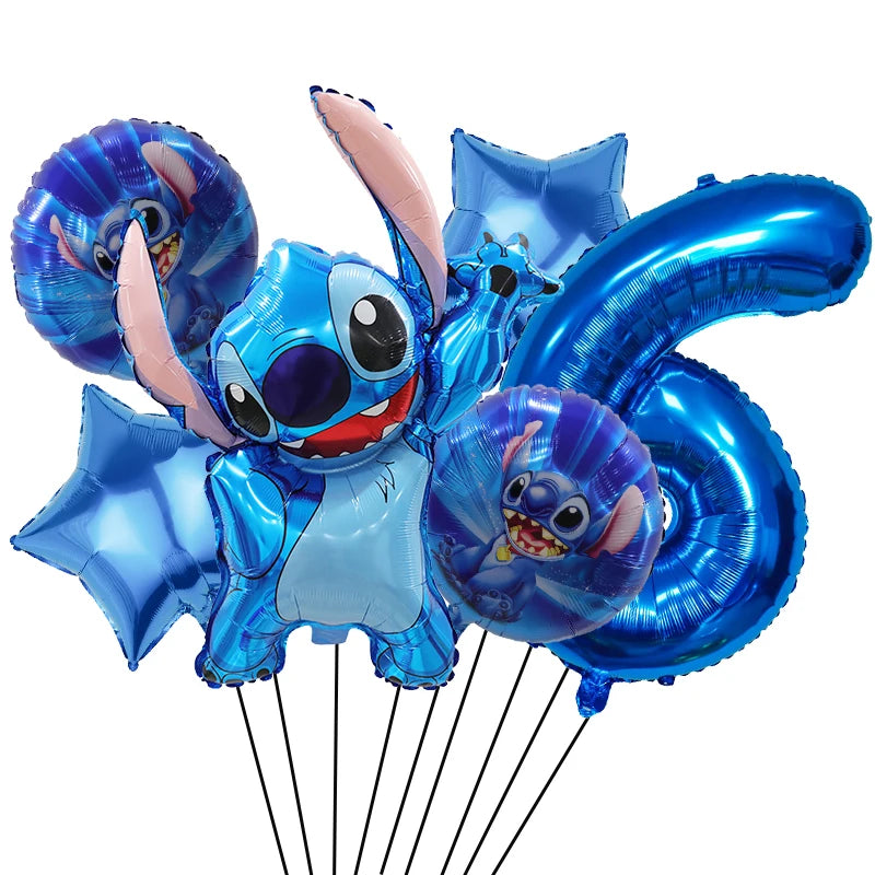 6 Pcs Blue Stitch Foil Balloons Set Digit 1-9 Years Old Balloons Cartoon Stitch Themed Baby Shower Kids Birhday Party Decoraions