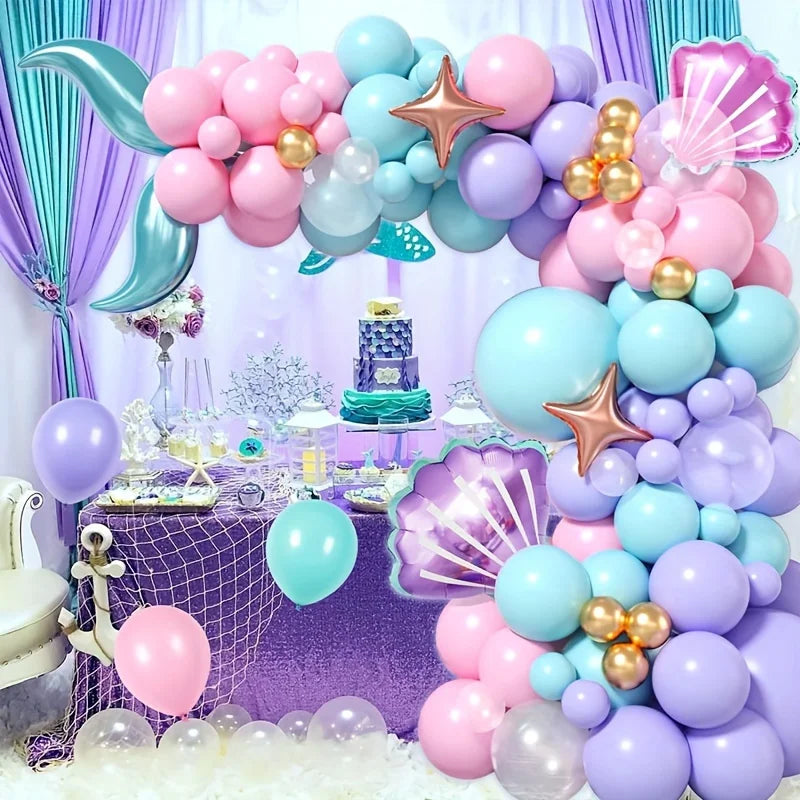 99PCS Mermaid Themed Balloon Garland Arch Set Suitable for Birthday Parties and Celebration Decorations, Indoor and Outdoor Use