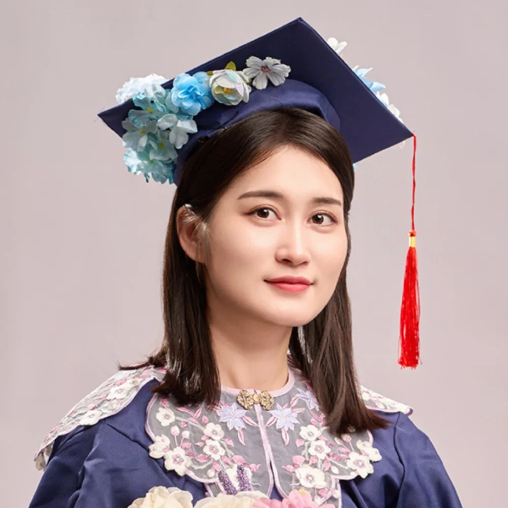 Trencher Cap DIY Flowers Graduation Cap Mortar Board Adjustable Kids Academic Hat with Tassels Bachelor Charm Ornament