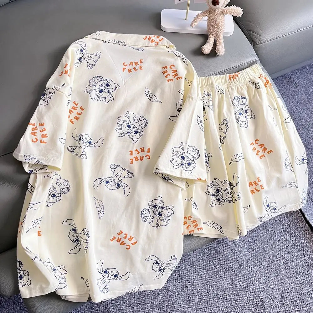 Cartoon Stitch Korean version ins couple pajamas, cute personality, comfortable summer cotton shorts, cardigan, loungewear set