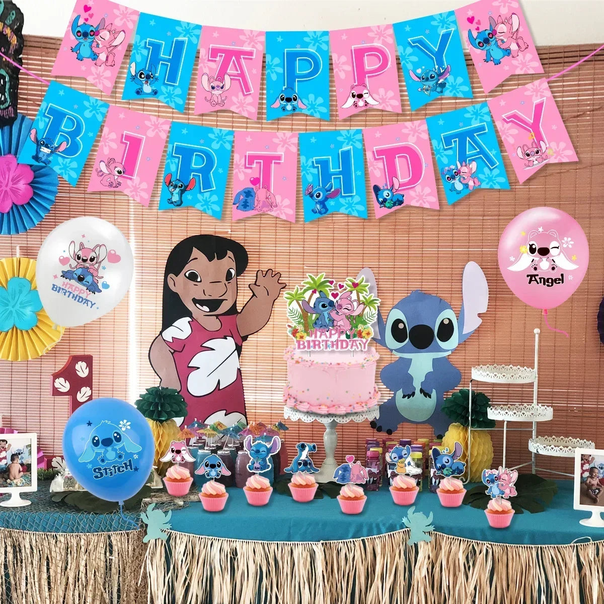 1Set Stitched Latex Balloons Banner Baby Shower Toy Cake Topper Happy Birthday Boy Girl Lilo Stitch Ballons Party Decor Supplies