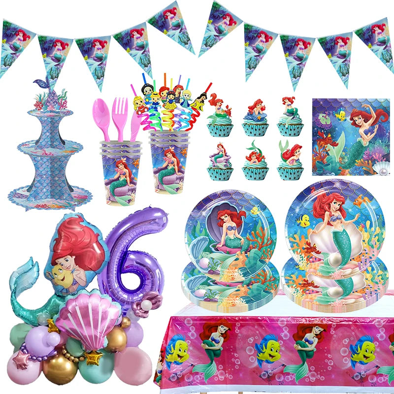Mermaid Ariel Princess Birthday Party Decorations Disposable Tableware Plate Straw Cup Balloons Baby Shower Party Supplies