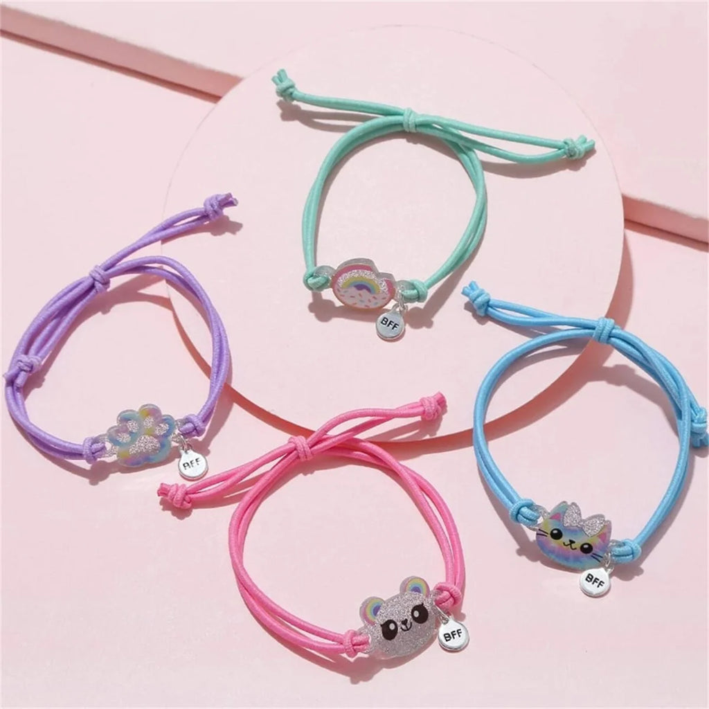 4pcs Kids Elastic Hair Rope Bracelets Set Cute Kitten Bear Donut Design BFF Good Friends Elastic Cord for Children