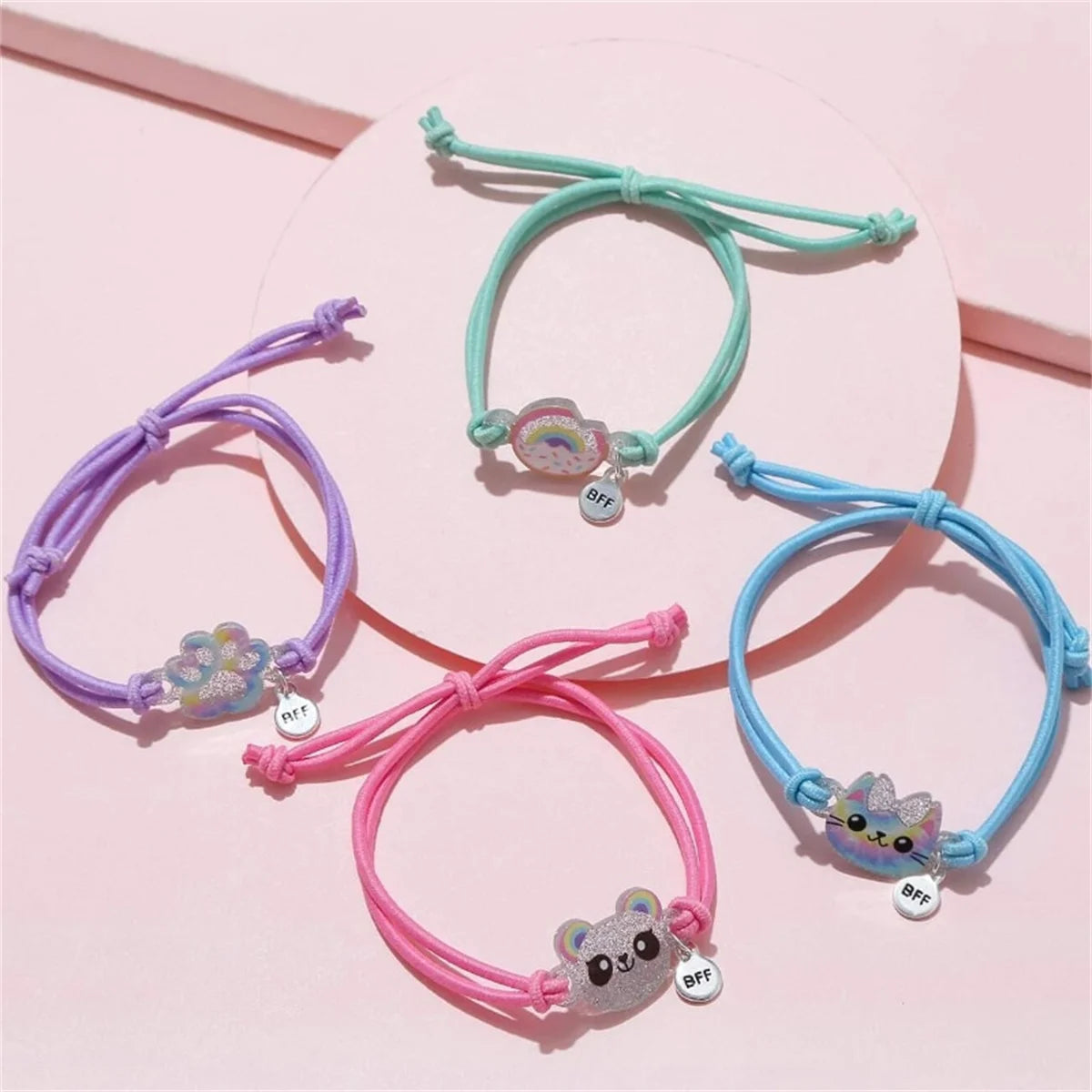 4pcs Kids Elastic Hair Rope Bracelets Set Cute Kitten Bear Donut Design BFF Good Friends Elastic Cord for Children