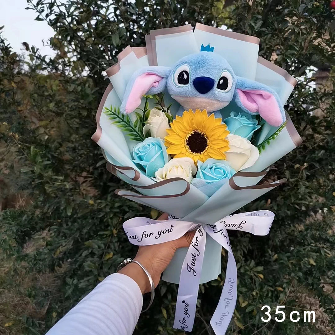 Lilo&Stitch Plush Bouquet Toy Christmas Gift Purple Blue Stuffed Rose Flower Soft Cute Cartoon Doll Valentine Graduation Gifts
