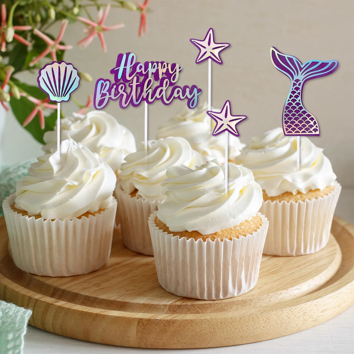 Mermaid Party Cake Decor Glitter Shell Starfish Mermaid Tail Cake Topper Under the Sea Girls 1st 2th Birthday Cupcake Topper