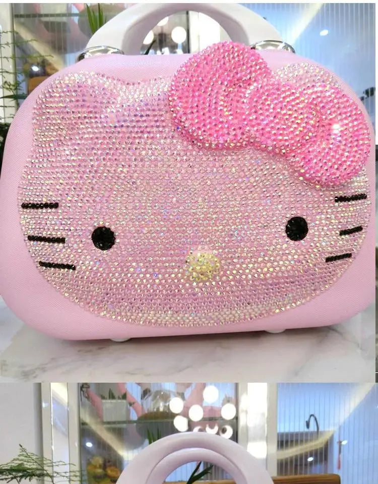 Kawaii 14 Inches Hello Kitty Cosmetic Case Sanrioed Anime Suitcase High Capacity with Lock Storage Bag Girl High End Gift Travel