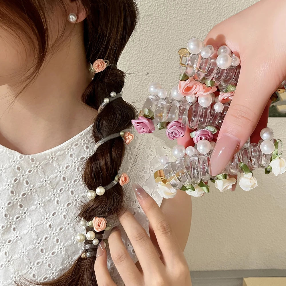 Rose Bead Telephone Line Headband Charming Tied Ponytail Braid Hair Rope Headband High Elasticity Rubber Band Pearl Headwears