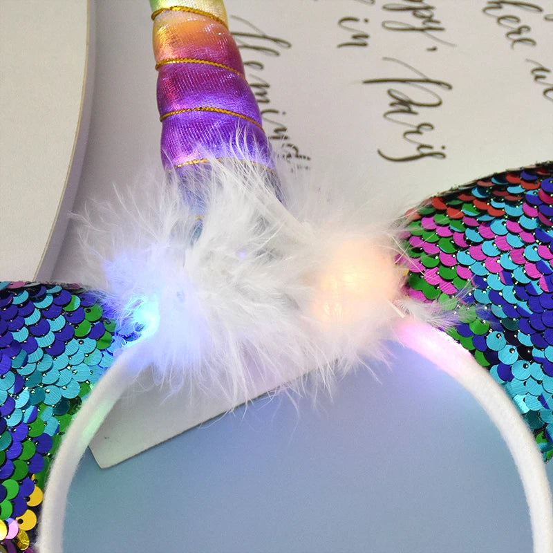 LED Light Unicorn Headband Kids Girl Birthday Cartoon Headwear Hair Accessories Rainbow Unicorn Theme Party Decoration Supplies
