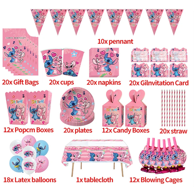 Lilo & Stitch Birthday Decorations Pink Girls Paper Cups Plates Napkins Cake Topper Tableware Set Balloons Decor Party Supplies