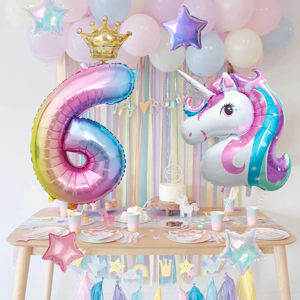 42pcs Unicorn Rainbow Color Numbers 0-9 Mini Crown Aluminum Film Balloon Set Girls Unicorn Theme Birthday Party Decorations