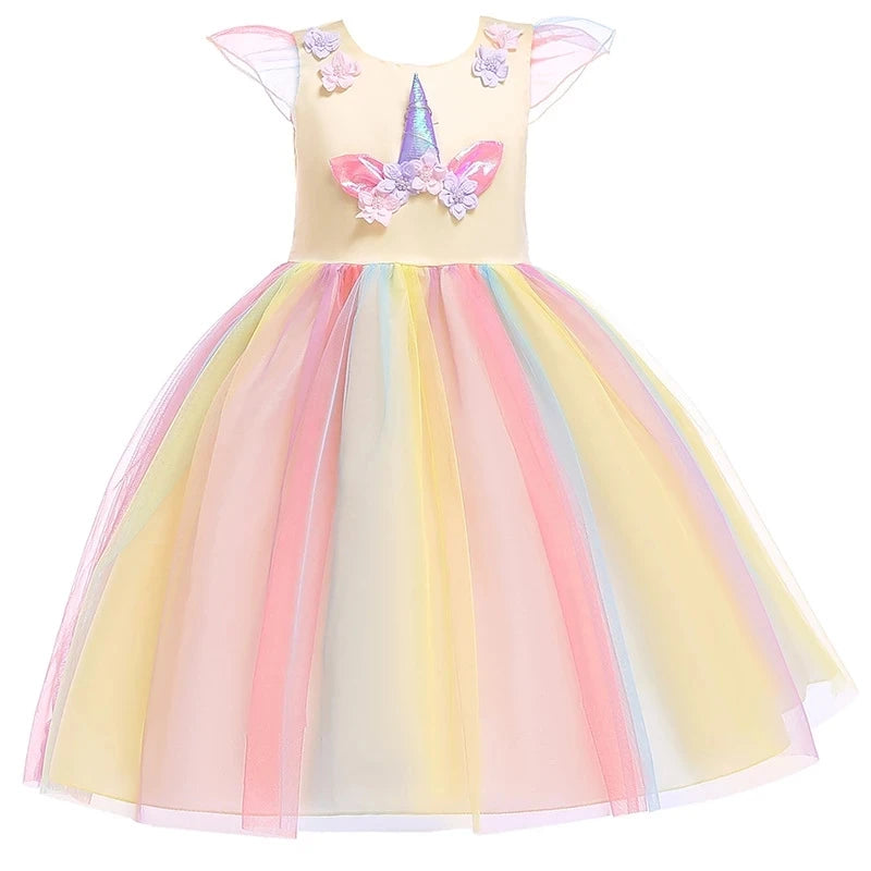 Kids Unicorn Dress for Girls Party Dresses Flower Appliques Ball Gown Little Girl Princess Costumes Summer Children Clothing