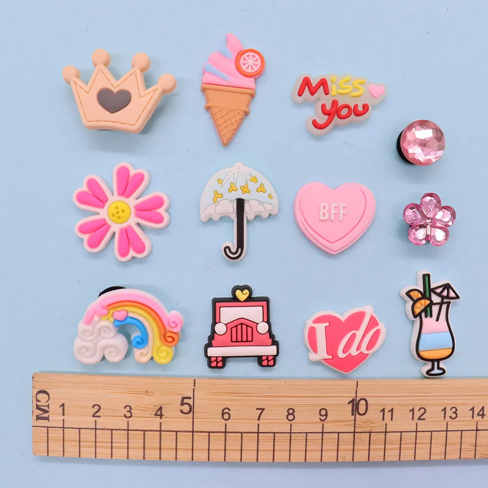 1Pcs PVC Hair Dryer Strawberry Cupcake Kids Shoe Charms Umbrella Crown Pink Series Buckle Clog Accessories Fit X-mas Gift