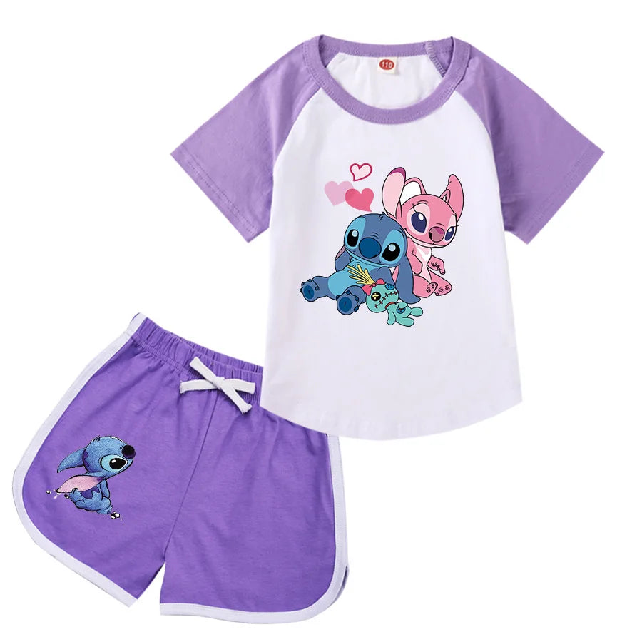 Lilo And Stitch Kids Costume Girls Casual Outfits Boys Short Sleeves T-shirt Shorts 2 Pcs Sets Girls Casual Sportswear