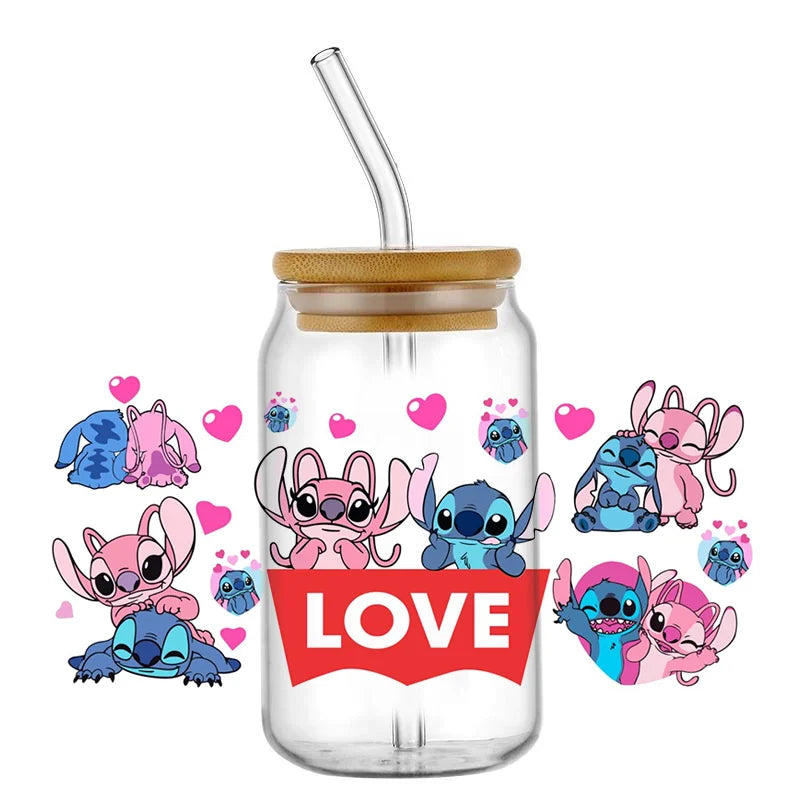Miniso Stitch 16oz UV DTF Cup Wrap Cartoon Transfers Libbey Wrap Tumbler DIY Logo Sticker Glass Can Selfadhesive Waterproof