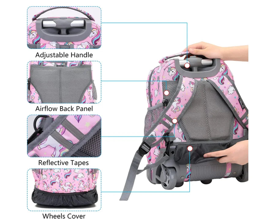 Children Rolling Backpack 16 inch Set 3 in 1 with Lunch Bag  Pencil Case for Girls Kids Travel Trolley Rolling Luggage Suitcase