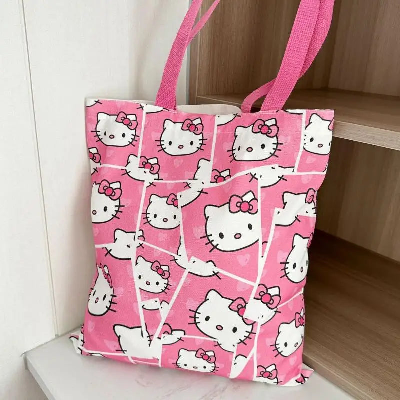 Anime Sanrio Hello Kitty Canvas Bag Zippered Student Book Large Capacity Class Tote Bag Shopping Student Girl Birthday Gifts