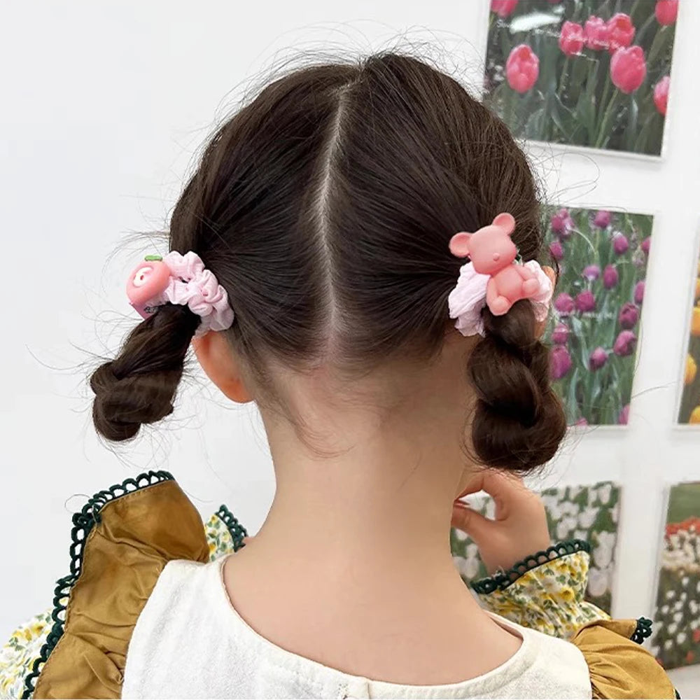 5pcs/Set Cartoon Bear Bowkont Heart Charms Scrunchies Candy Color Satin Hair Ties Ponytail Holder Hair Ropes Kid Girls Headwear