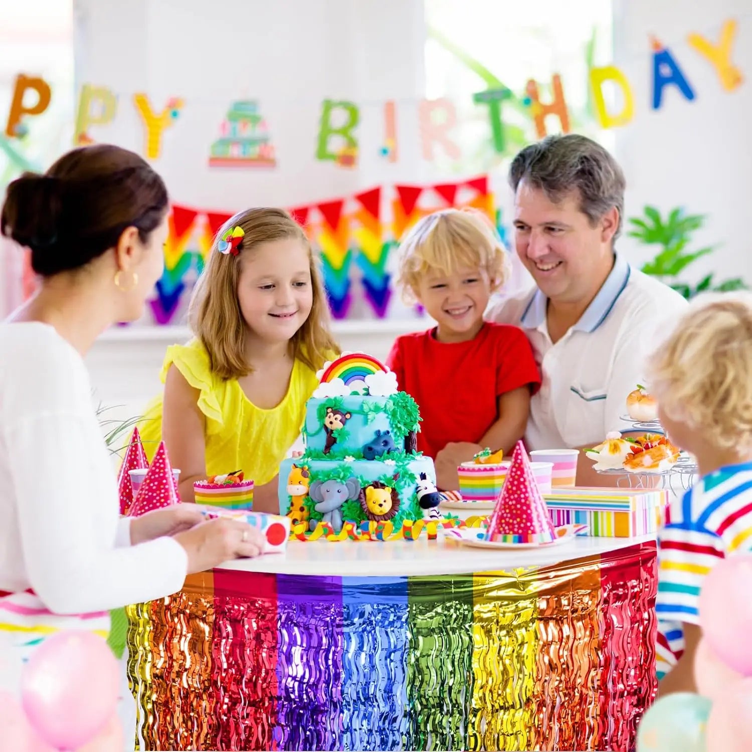 Wavy Metallic Tinsel Foil Fringe Rainbow Table Skirts Table Decors for Birthday Wedding Bridal Shower Unicorn Pride Party Decor