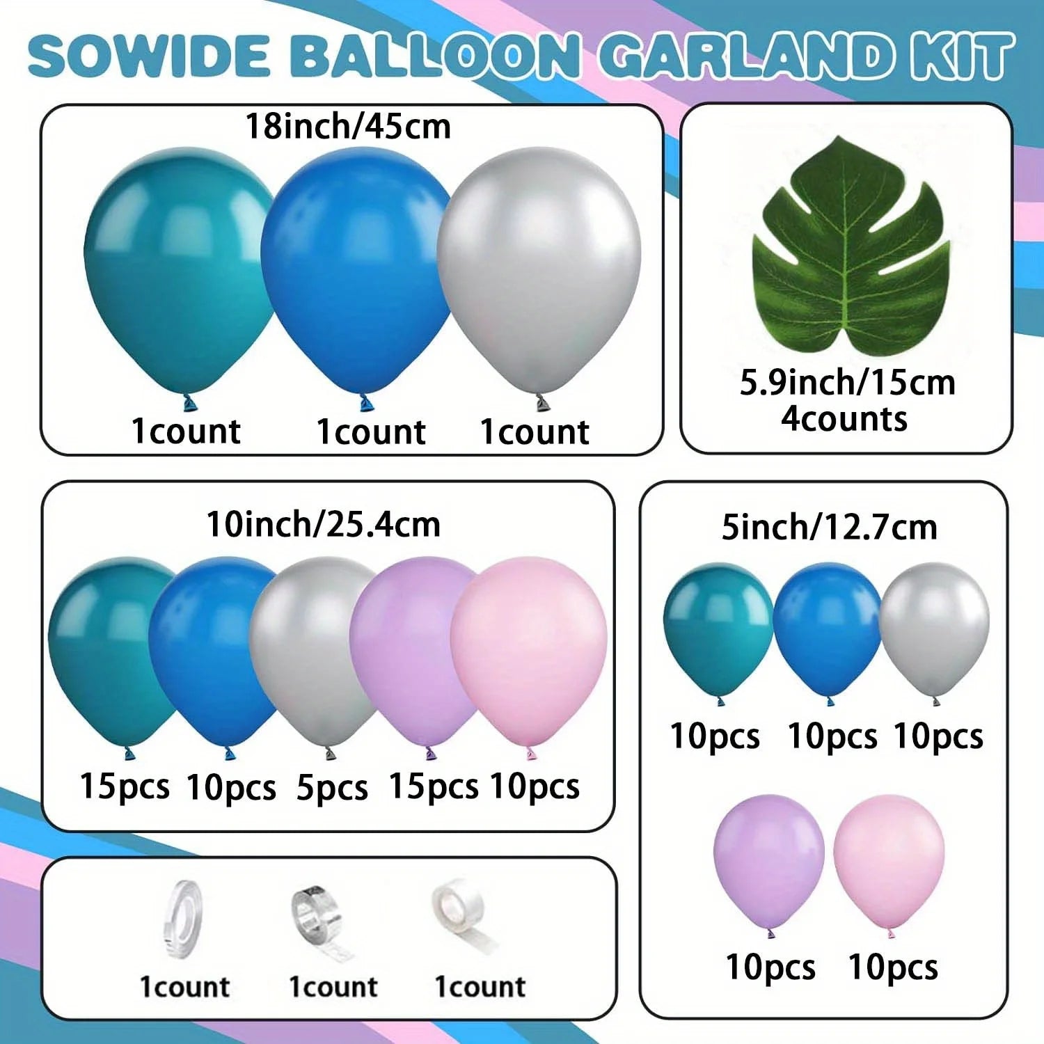 115pcs Purple Pink Blue Metallic Silver Balloon Arch Garland Kit for Birthday Decorations, Party Indoor and Outdoor Decorations