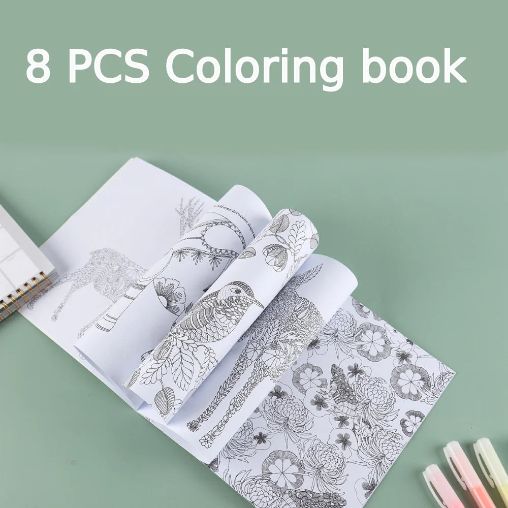 8 PCS Colouring Book for Children and Adults, Kill Time Underlined Painting Art