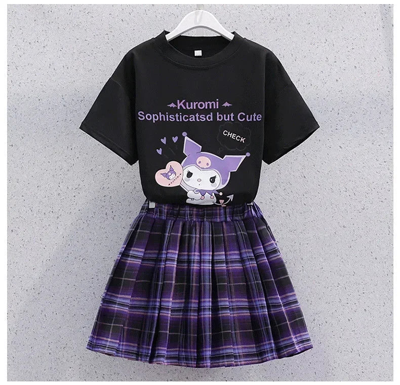 Sanrio Kuromi Kawaii Girls College Style T-shirt Skirt Suit Summer Clothes New Girl Suit Children's Clothes Style Pleated Skirt