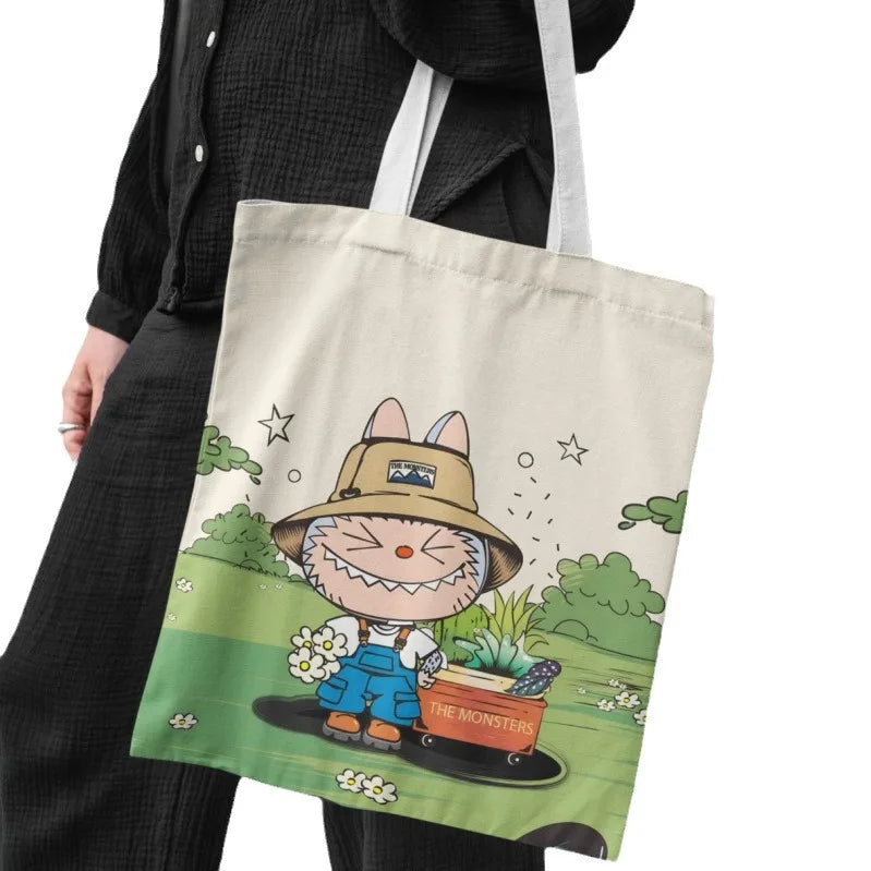 Lisa Same Labubu Canvas Bag Female Cute Cartoon Shopping HandBag Casual Student Shoulder Bag The Monsters Crossbody Bags