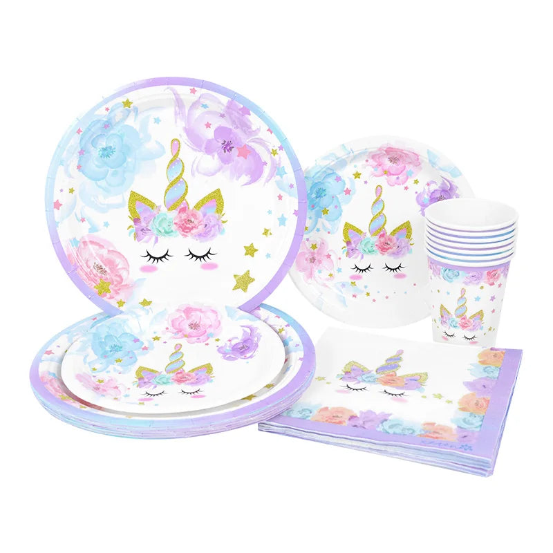 48Pcs/Set Unicorn Theme Birthday Disposable Tableware Set Paper Plates Napkins Cups Birthday Party Decoration Kids Favors Gift