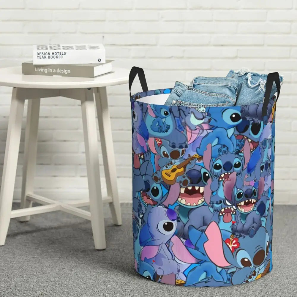 Custom Stitch Kiss Angel Love Heart Anime Laundry Hamper Large Clothes Storage Basket Toy Bin Organizer for Boy Girl