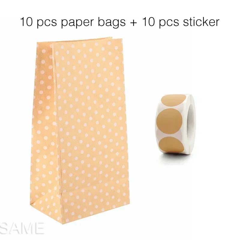 10 pcs Colorful Solid Stripe and Polka Dot Stand-Up Bags with Stickers - 18x9x6cm Favor Gift Packing Treat Bags for Wedding