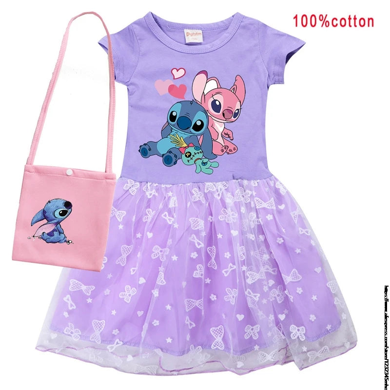 Hot Lilo And Stitch Girls Children Spring Summer Tutu Stitch Dress +Bag Kids Princess Girls Birthday Party Dress Costume