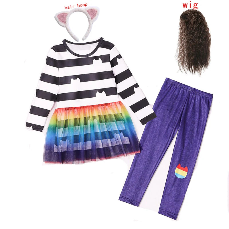 Gabby Cats Baby Girls Summer Gabby's Dollhouse Dress Rainbow stripe Kids Cosplay Princess Toddler Birthday Party Dresses+wig