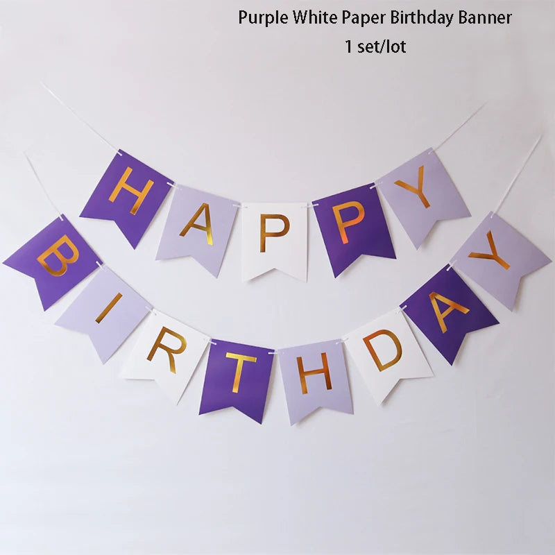 Purple Happy Birthday Banner Party Decorations Purple White Balloons Garlands Lavender Mermaid Birthday Themed Party Streamers